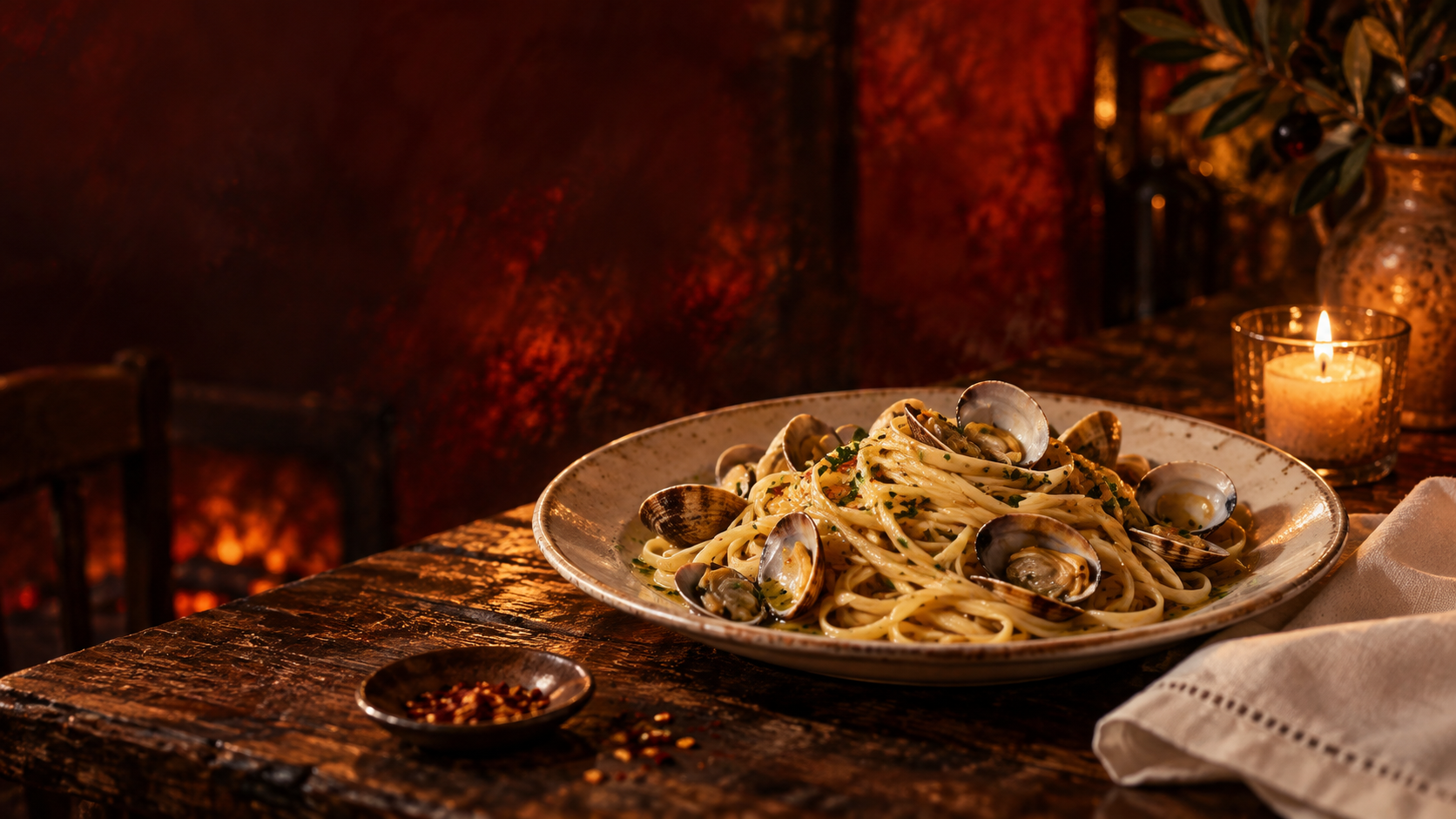 Illustration of a plate of linguine with clam sauce beside a candle and a folded white napkin