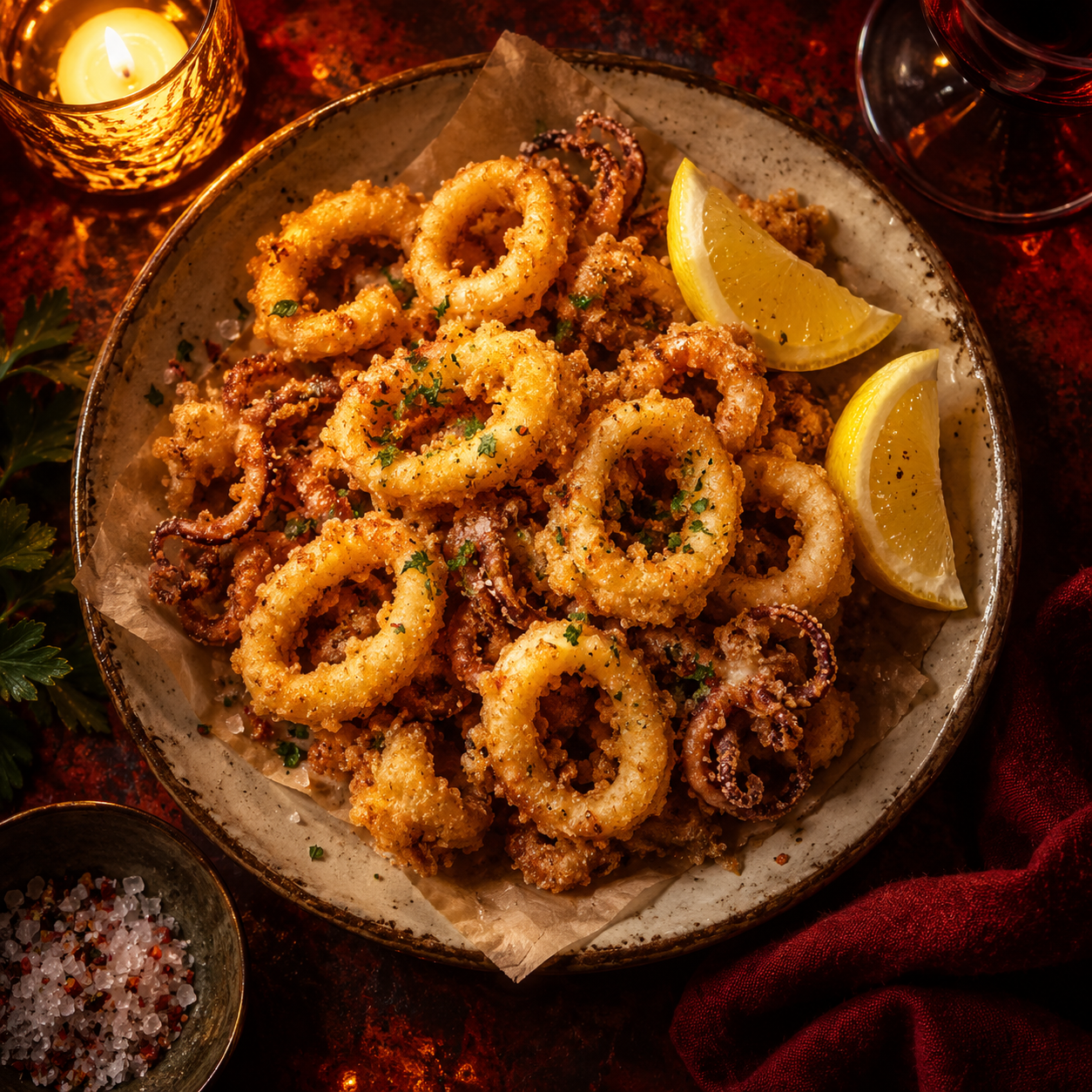Illustration of a plate of golden fried calamari rings with lemon wedges